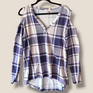 Vince Camuto Blue & White Plaid Cold-Shoulder Long Sleeve Top